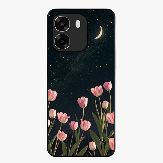 Midnight Tulip Whispers Vibe Glass Case showing flat back view with elegant tulip flower artwork and glossy glass finish.
