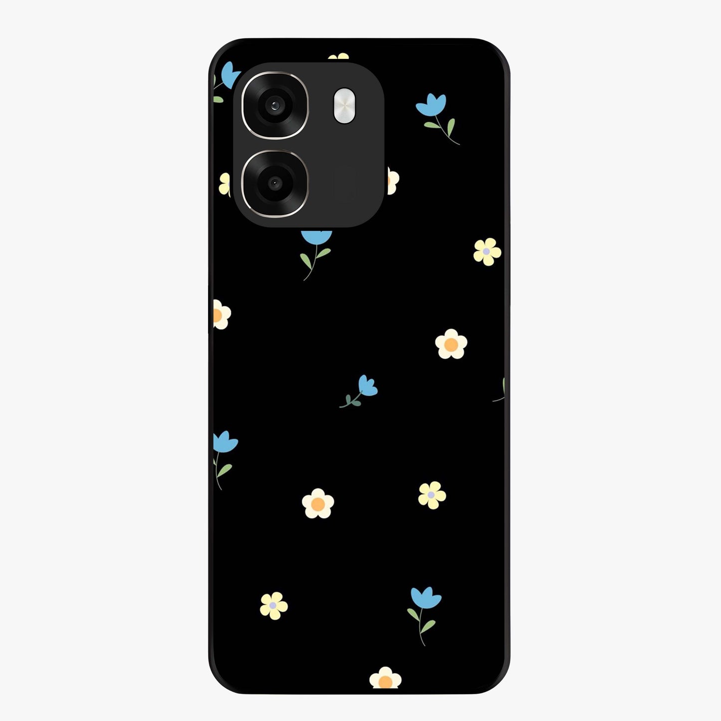 Minimalistic Blue With White Flower Pattern Glass Case showing flat back view with blue background and white flower pattern and glossy glass finish.