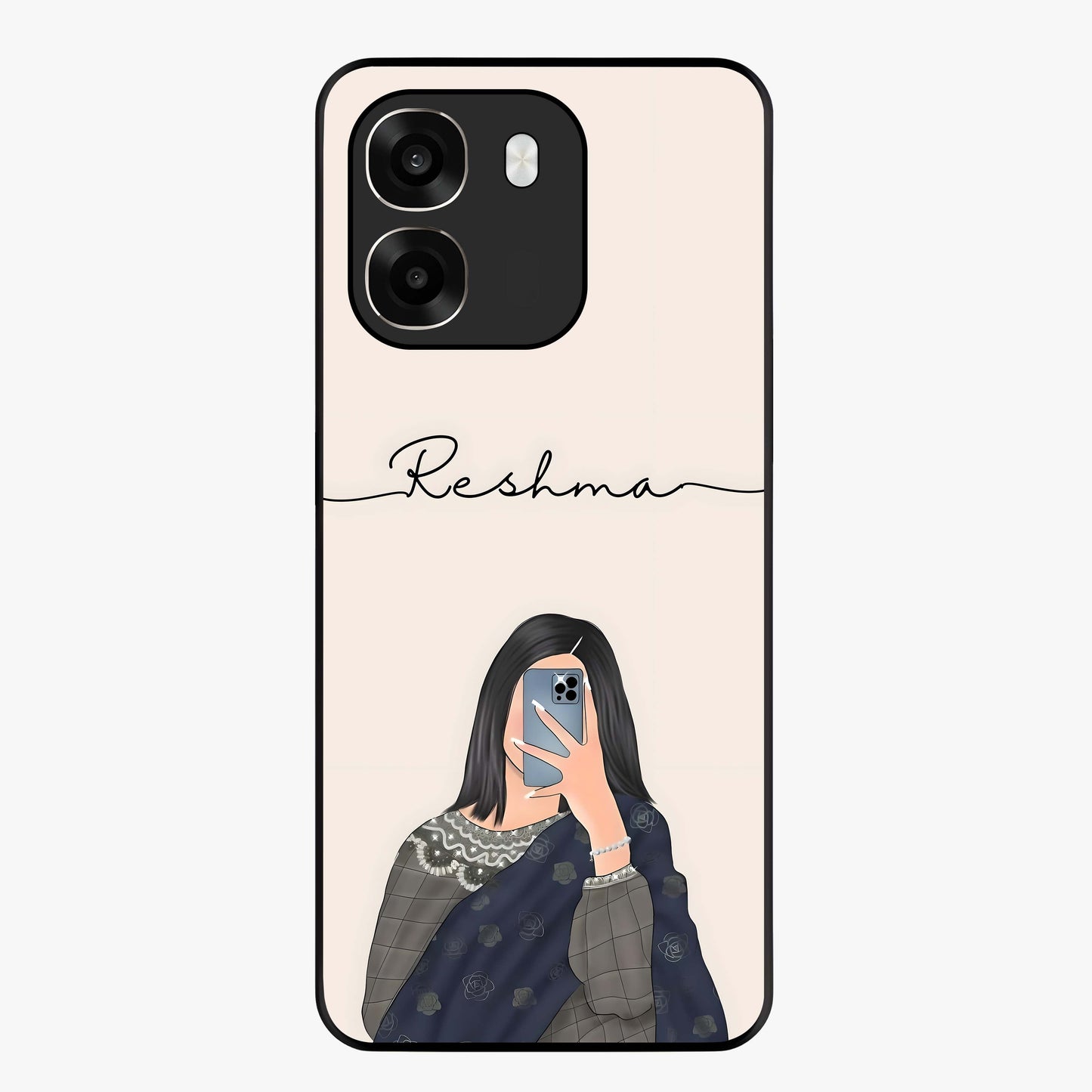 Mirror Mood Muse With Custom Name Glass Case showing flat back view with stylish mirrored artwork and personalized name design.