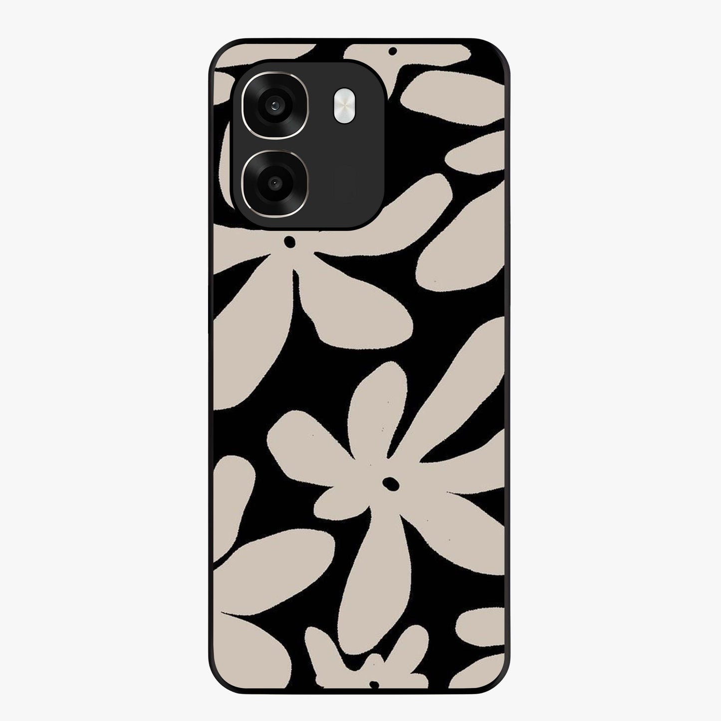Monochrome Petal Dance Glass Case showing flat back view with monochrome floral artwork and glossy glass finish.