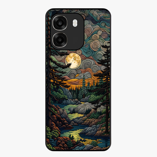 Moonlight Forest Dream Glass Case showing flat back view with mystical forest moonlight artwork and glossy glass finish.