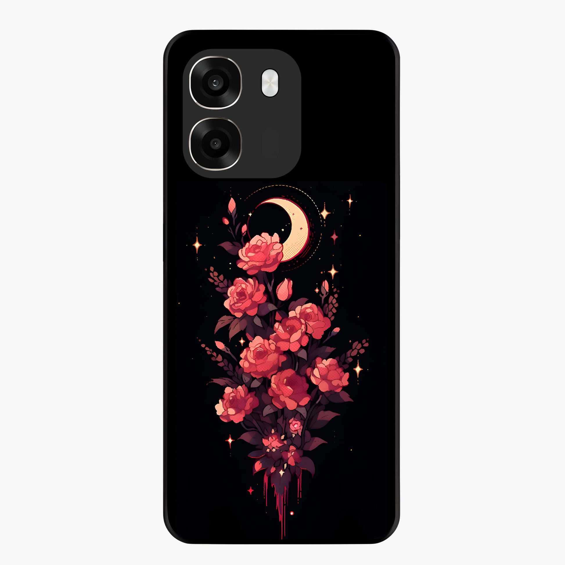 Moonlit Floral Elegance Glass Case showing flat back view with elegant floral artwork under moonlit tones and glossy glass finish.
