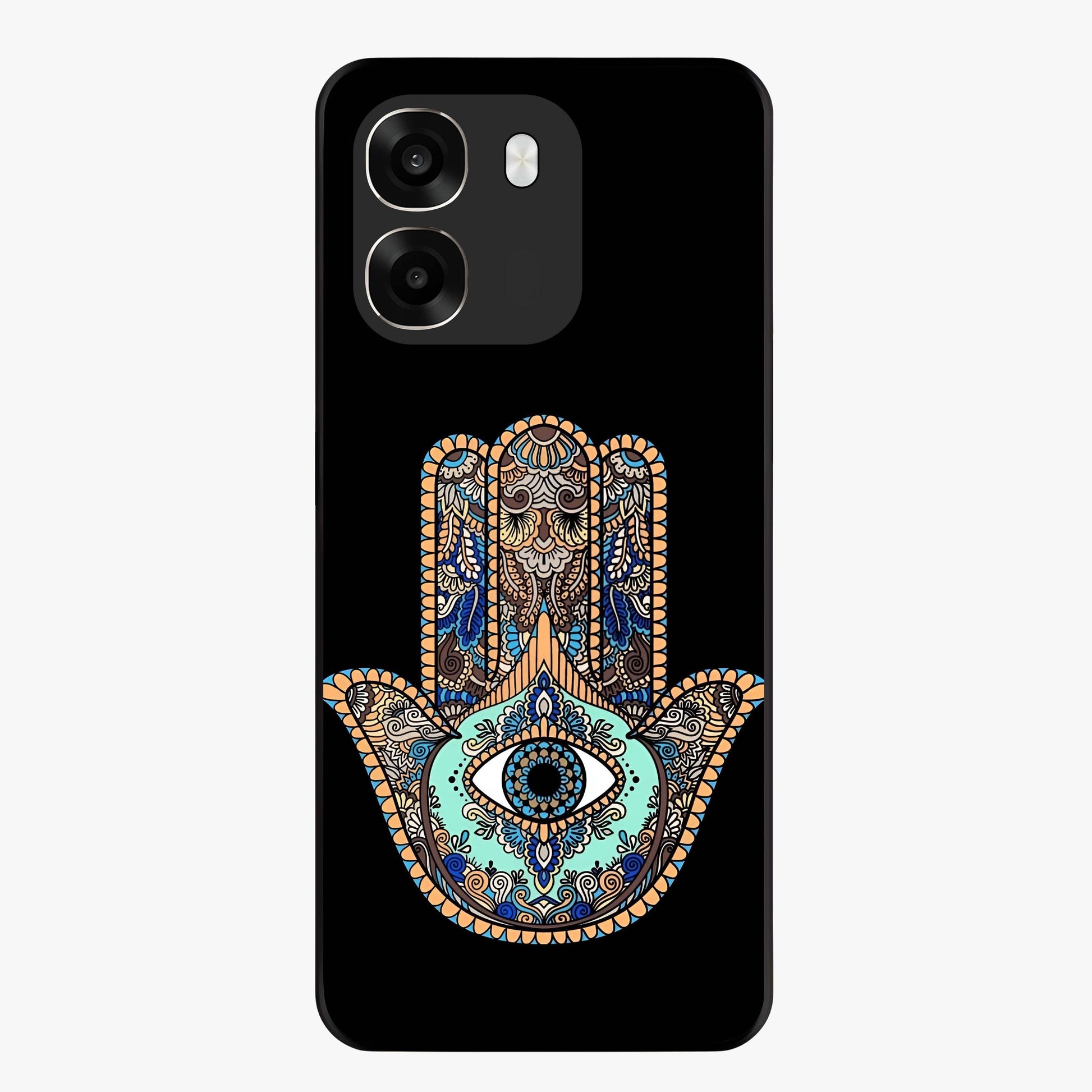 Mystic Hamsa Eye Glass Case showing flat back view with protective hamsa hand and evil eye artwork and glossy glass finish.