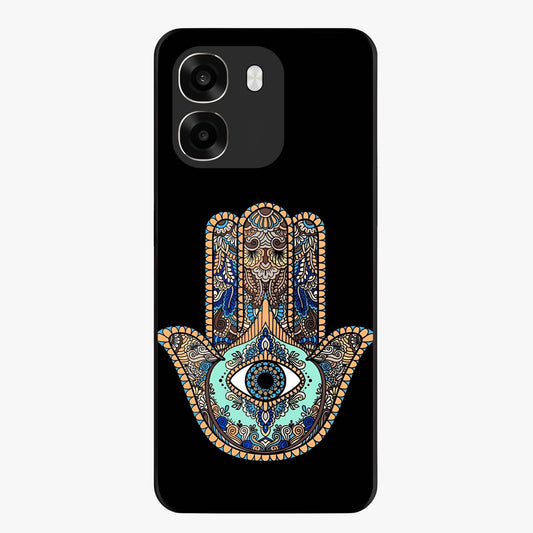 Mystic Hamsa Eye Glass Case showing flat back view with protective hamsa hand and evil eye artwork and glossy glass finish.