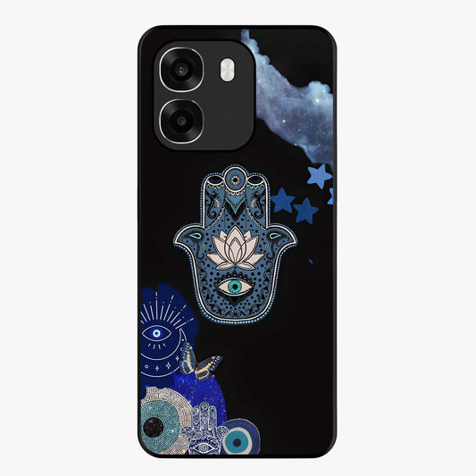 Mystic Hand Aura Glass Case showing flat back view with mystical hand symbol artwork and glossy glass finish.