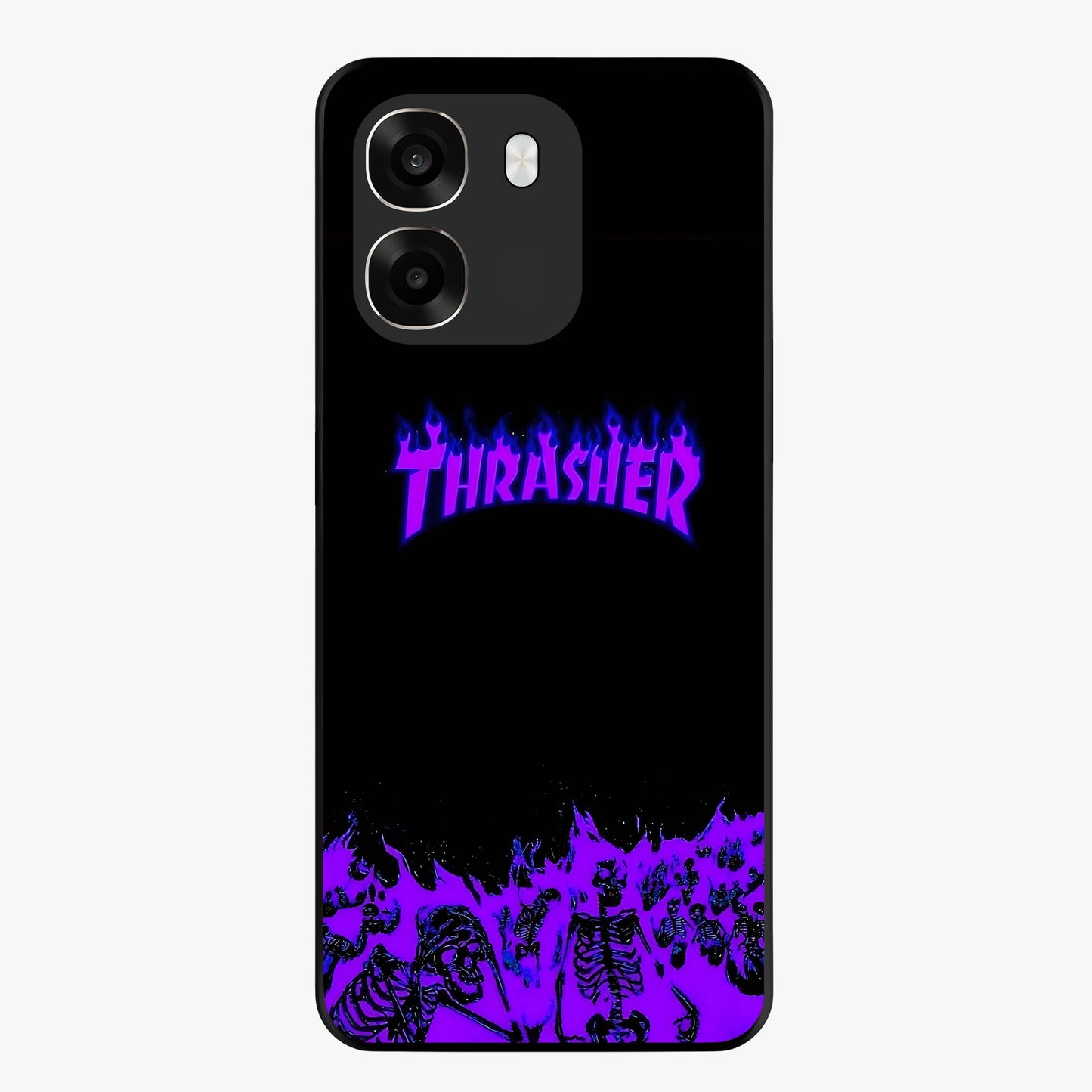 Neon Flame Riot Glass Case showing flat back view with neon flame artwork and glossy glass finish.