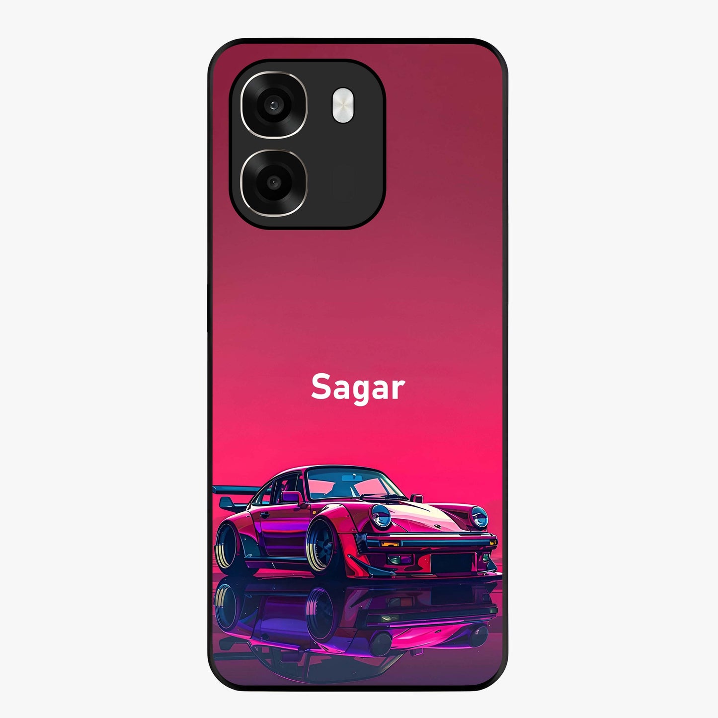 Neon Pink Porsche Glass Case showing flat back view with stylish sports car artwork and glossy glass finish.