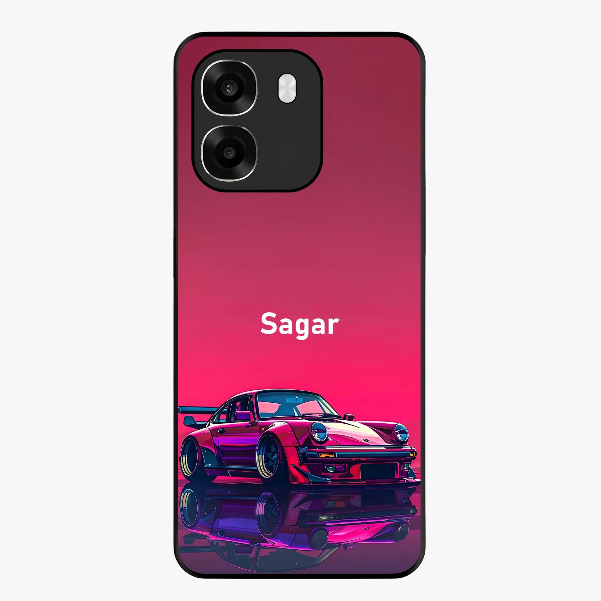 Neon Pink Porsche Glass Case showing flat back view with stylish sports car artwork and glossy glass finish.