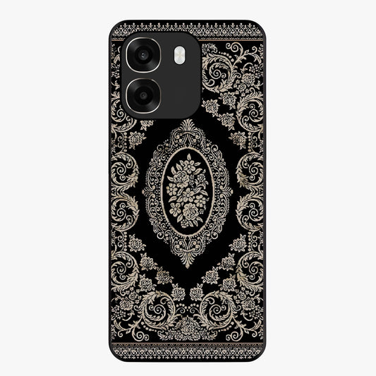 Noir Bloom Elegance Glass Case showing flat back view with elegant dark floral artwork and glossy glass finish.