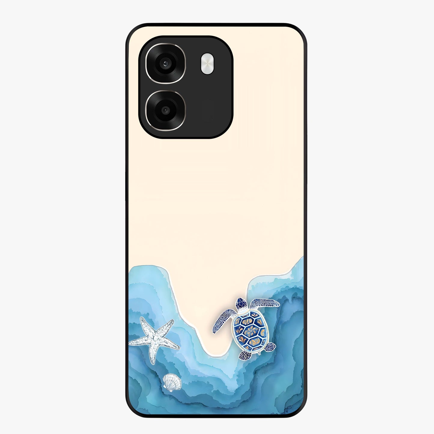 Ocean Drift Turtle Glass Case showing flat back view with sea turtle artwork and glossy glass finish.