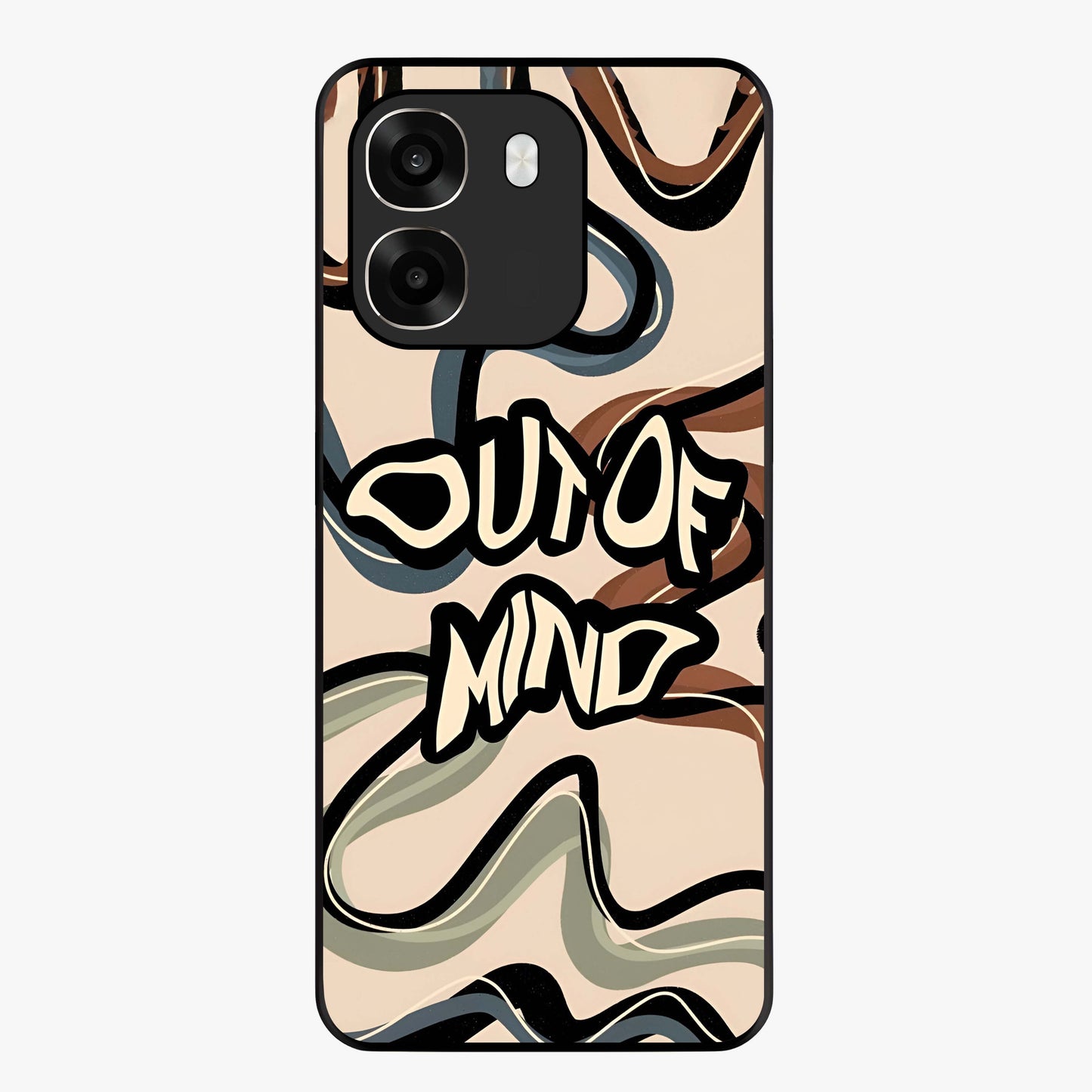 Out Of Mind Glass Case showing flat back view with expressive typography artwork and glossy glass finish.