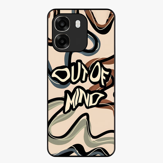 Out Of Mind Glass Case showing flat back view with expressive typography artwork and glossy glass finish.