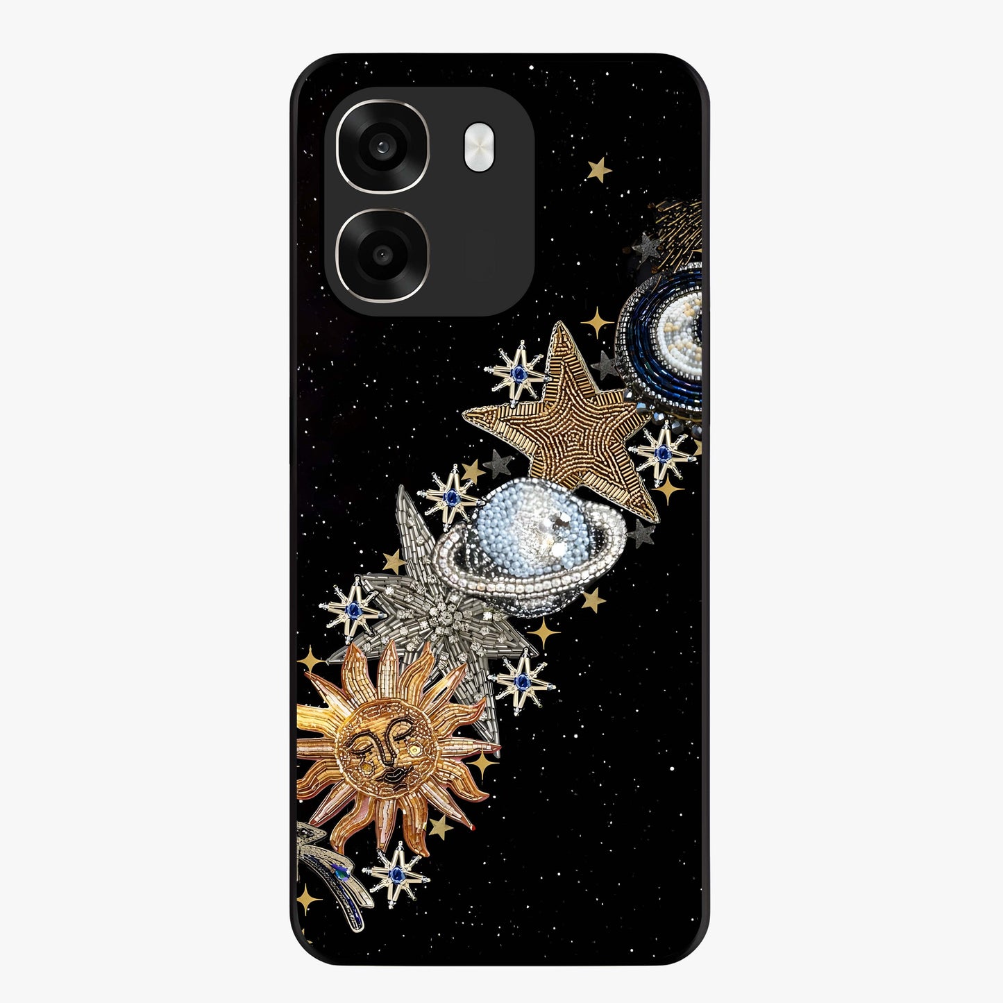 Pearls Universe Object Glass Case showing flat back view with pearl inspired cosmic artwork and glossy glass finish.