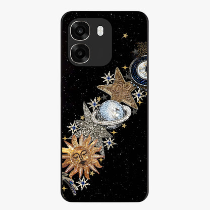 Pearls Universe Object Glass Case showing flat back view with pearl inspired cosmic artwork and glossy glass finish.