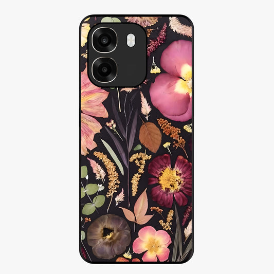 Petal Dream Tapestry Glass Case showing flat back view with intricate floral tapestry artwork and glossy glass finish.