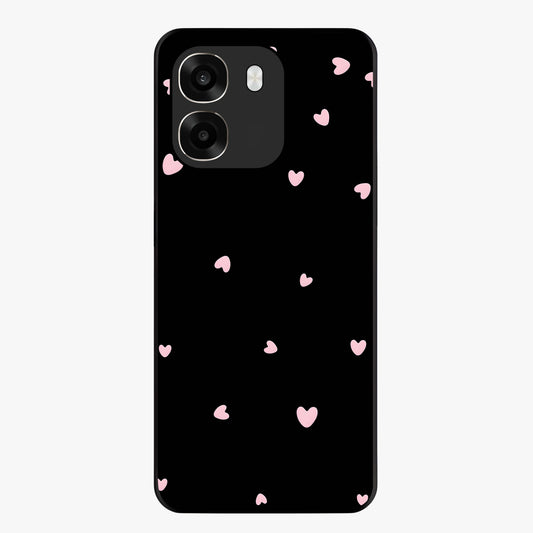 Pink Love Drops Glass Case showing flat back view with playful pink heart drops artwork and glossy glass finish.