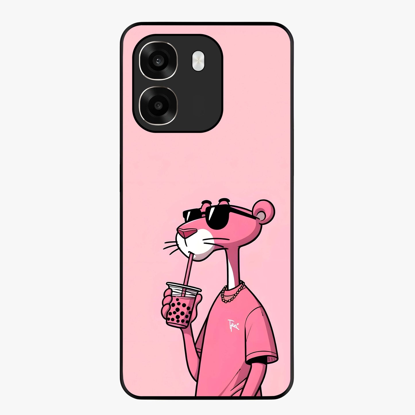 Pink Panther Glass Case showing flat back view with iconic pink panther artwork and glossy glass finish.