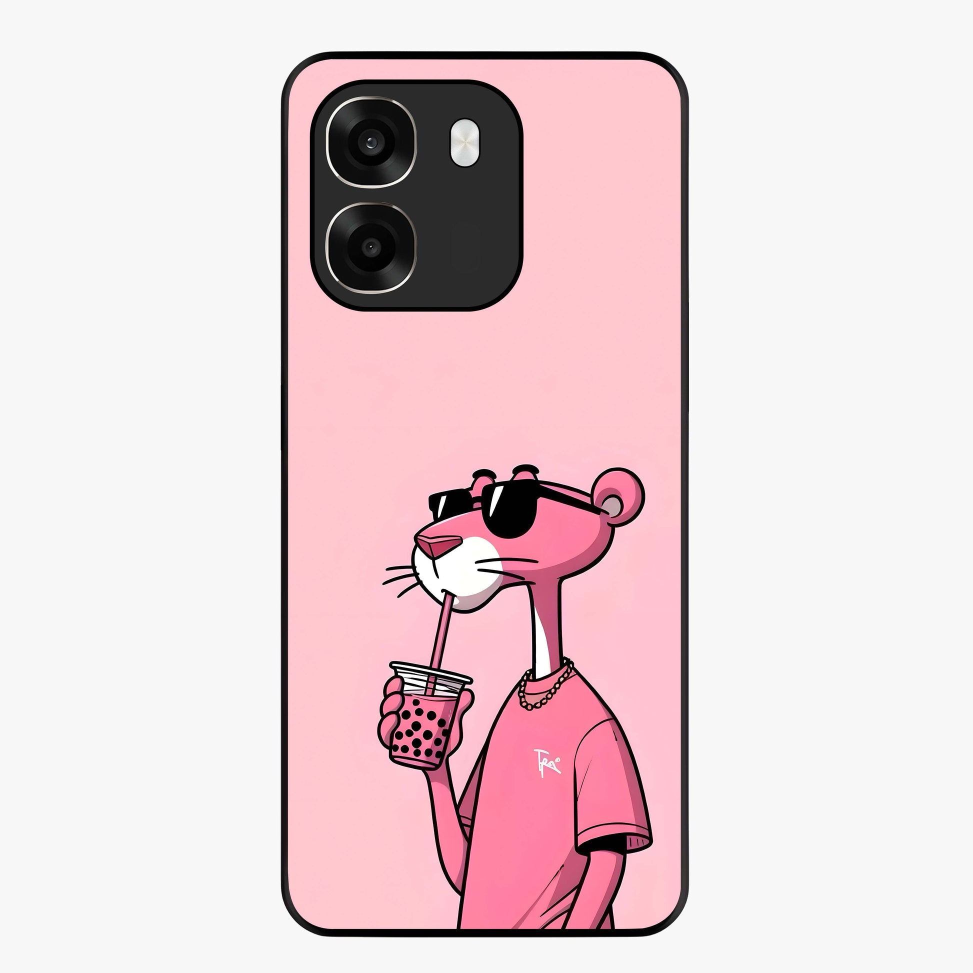 Pink Panther Glass Case showing flat back view with iconic pink panther artwork and glossy glass finish.
