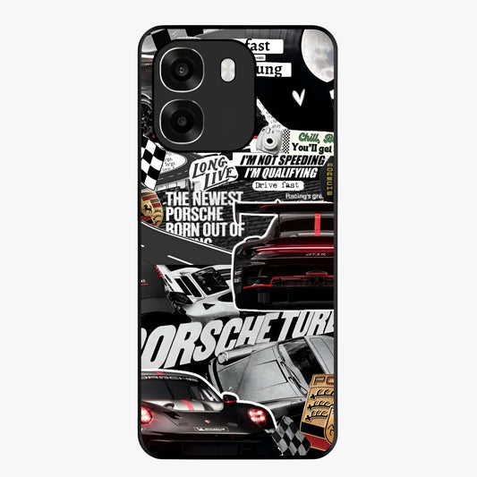 Porsche Racing Collage Glass Case showing flat back view with sports car racing collage artwork and glossy glass finish.
