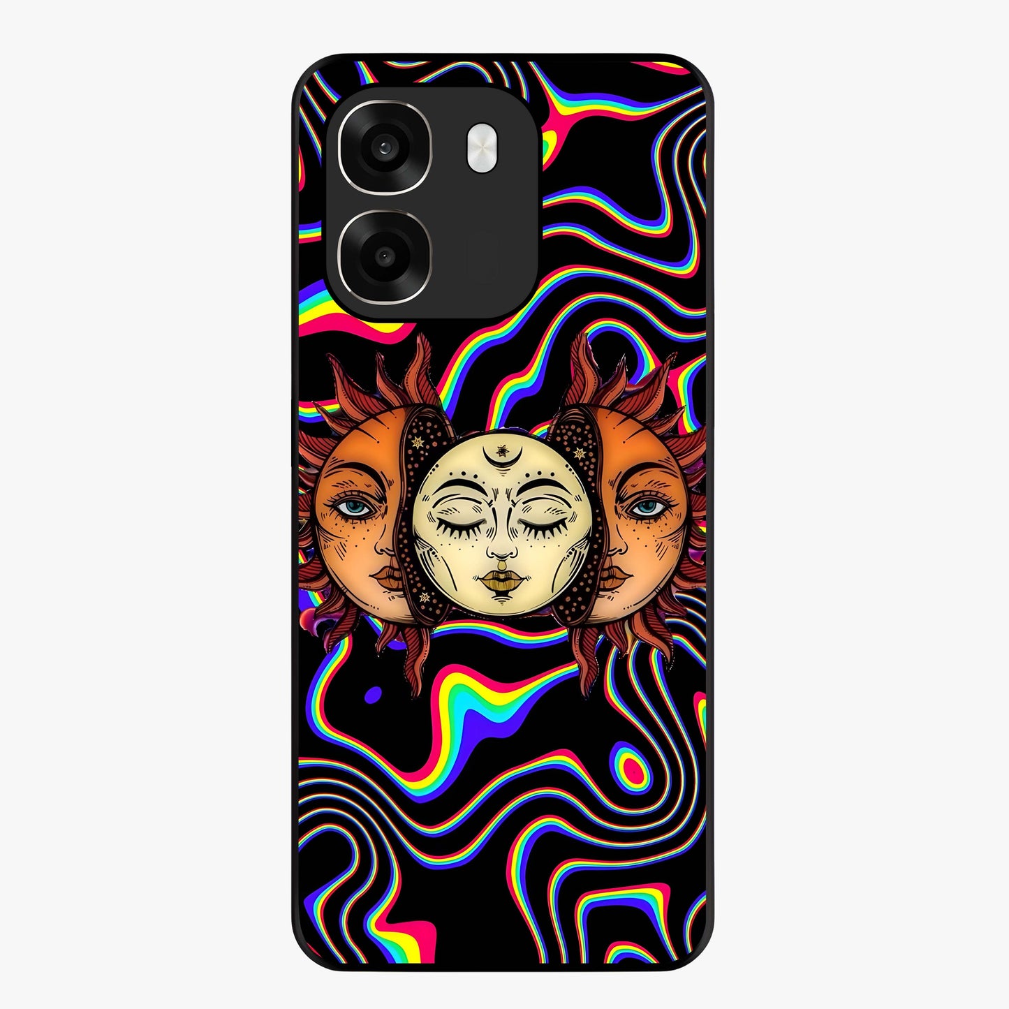 Psychedelic Sun Glass Case showing flat back view with colorful psychedelic sun artwork and glossy glass finish.