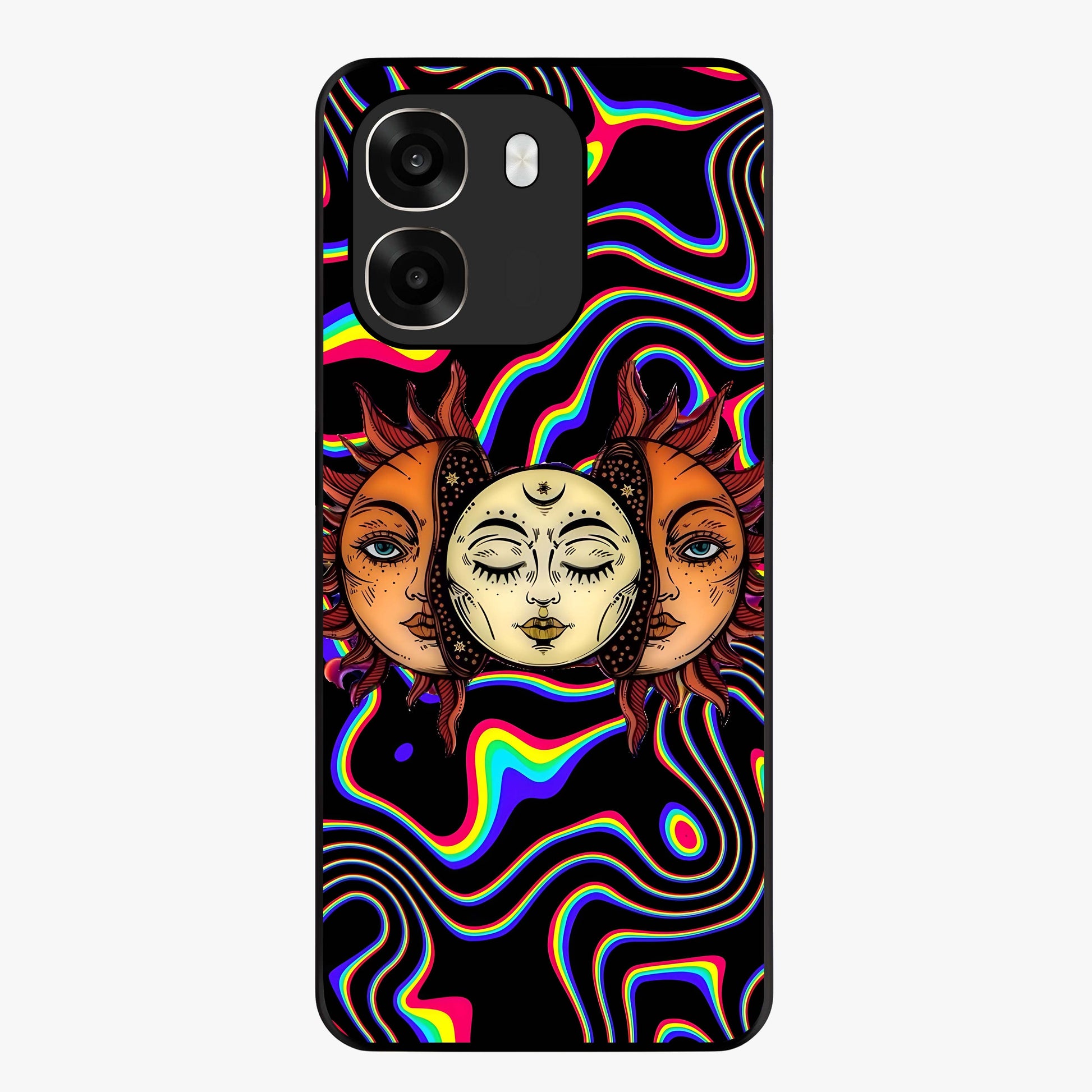 Psychedelic Sun Glass Case showing flat back view with colorful psychedelic sun artwork and glossy glass finish.