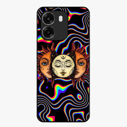 Psychedelic Sun Glass Case showing flat back view with colorful psychedelic sun artwork and glossy glass finish.