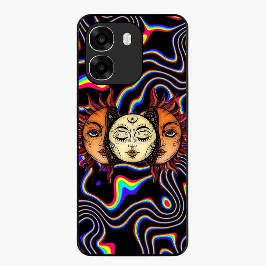 Psychedelic Sun Glass Case showing flat back view with colorful psychedelic sun artwork and glossy glass finish.