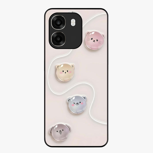 Puffy Face Parade Glass Case showing flat back view with cute puffy character faces artwork and glossy glass finish.