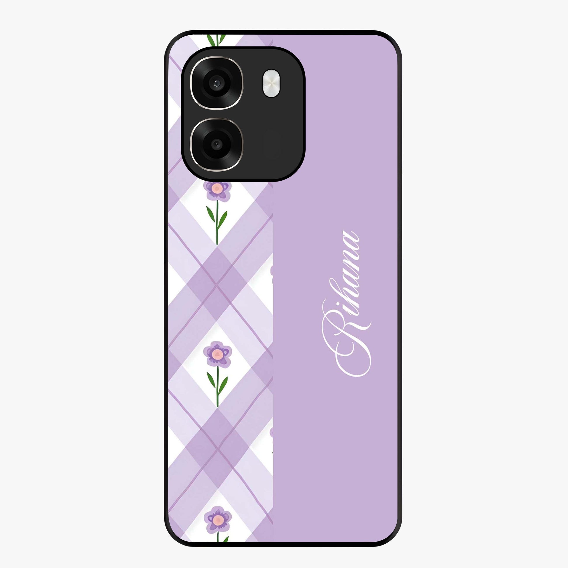 Purple Diamond Floral Glass Case showing flat back view with diamond shaped floral artwork and glossy glass finish.
