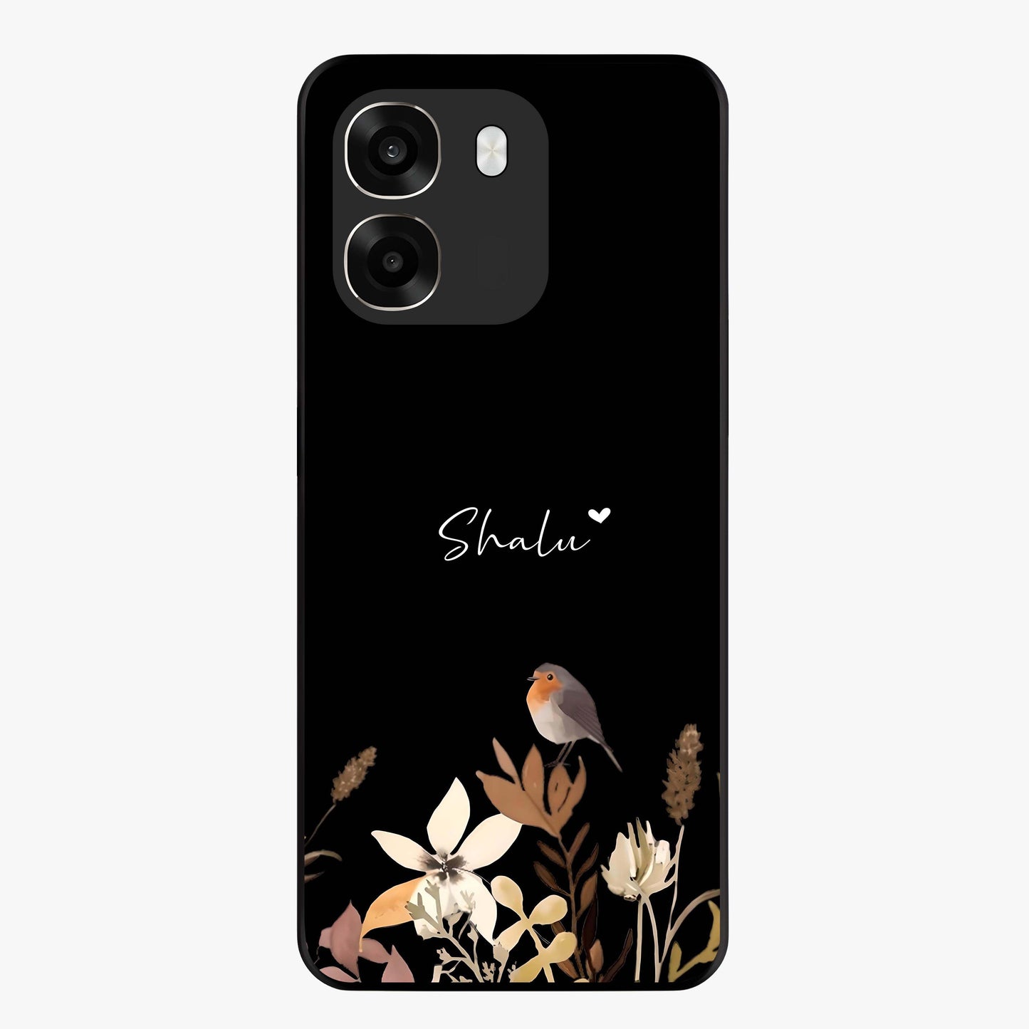 Quiet Garden Tune Custom Name Glass Case showing flat back view with peaceful garden artwork and personalized name design.