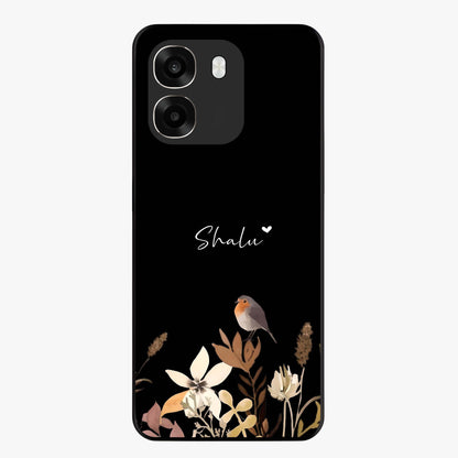 Quiet Garden Tune Custom Name Glass Case showing flat back view with peaceful garden artwork and personalized name design.