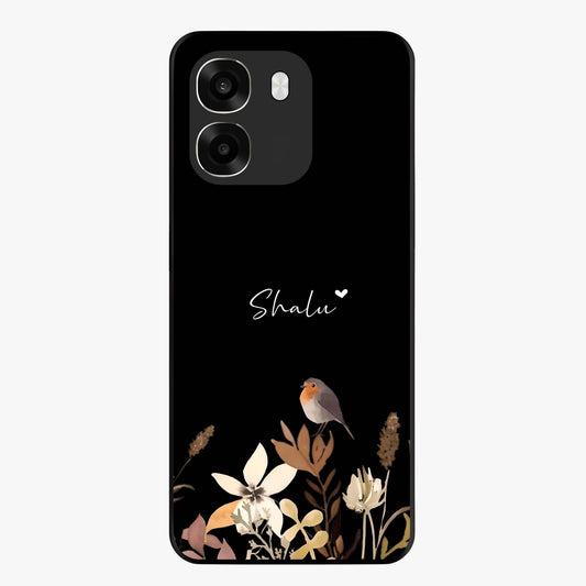 Quiet Garden Tune Custom Name Glass Case showing flat back view with peaceful garden artwork and personalized name design.