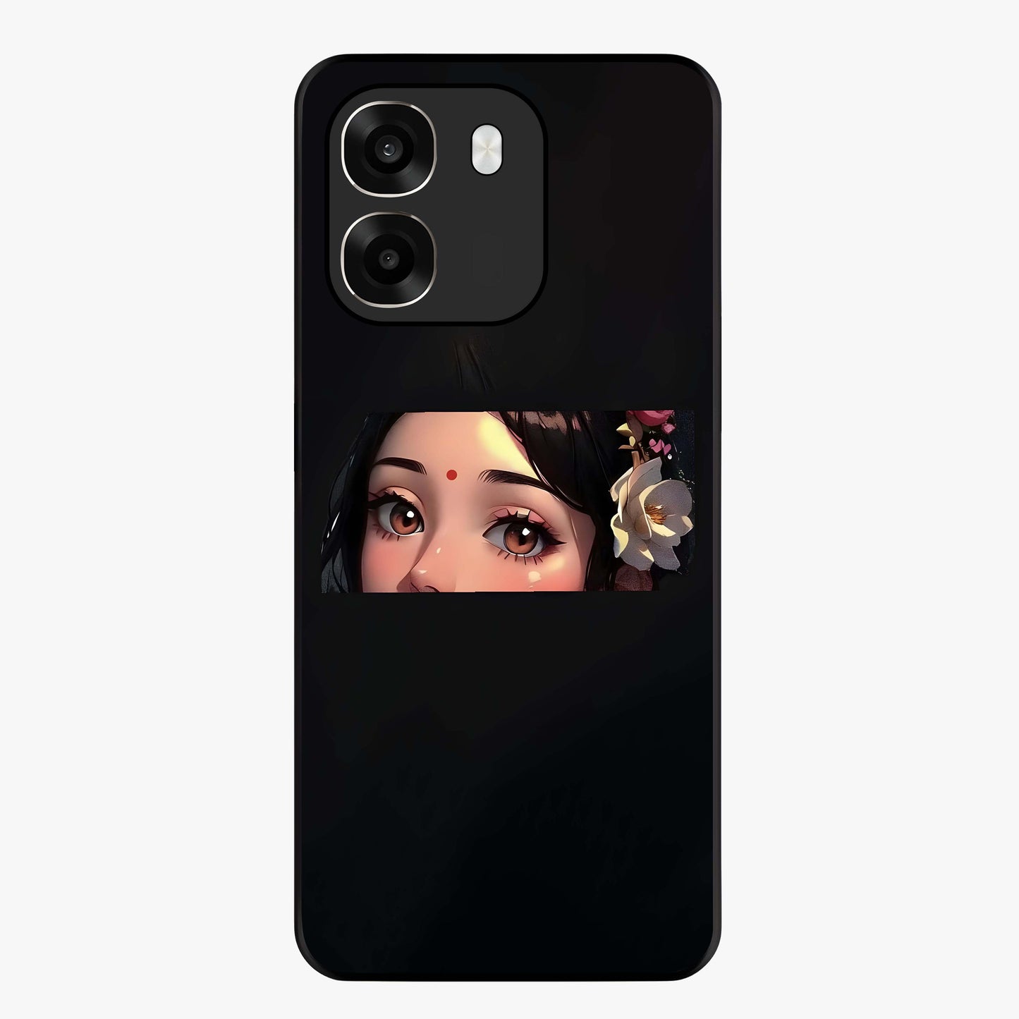 Radha Divine Embrace Glass Case showing flat back view with devotional Radha artwork and glossy glass finish.