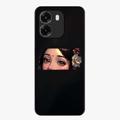 Radha Divine Embrace Glass Case showing flat back view with devotional Radha artwork and glossy glass finish.