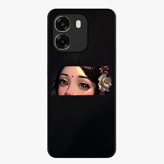 Radha Divine Embrace Glass Case showing flat back view with devotional Radha artwork and glossy glass finish.