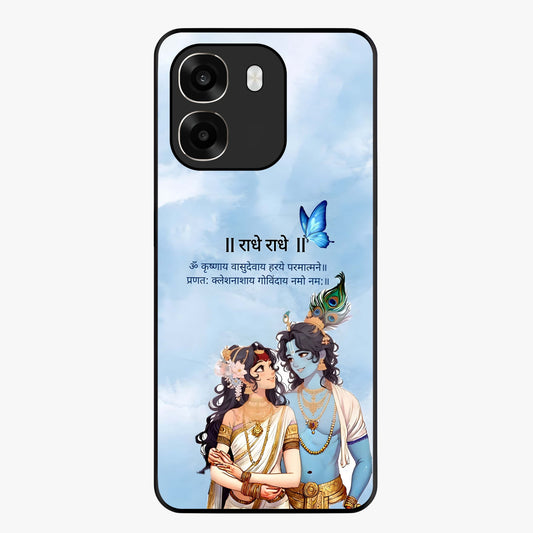 Radha Krishna Eternal Glass Case showing flat back view with Radha Krishna devotional artwork and glossy glass finish.