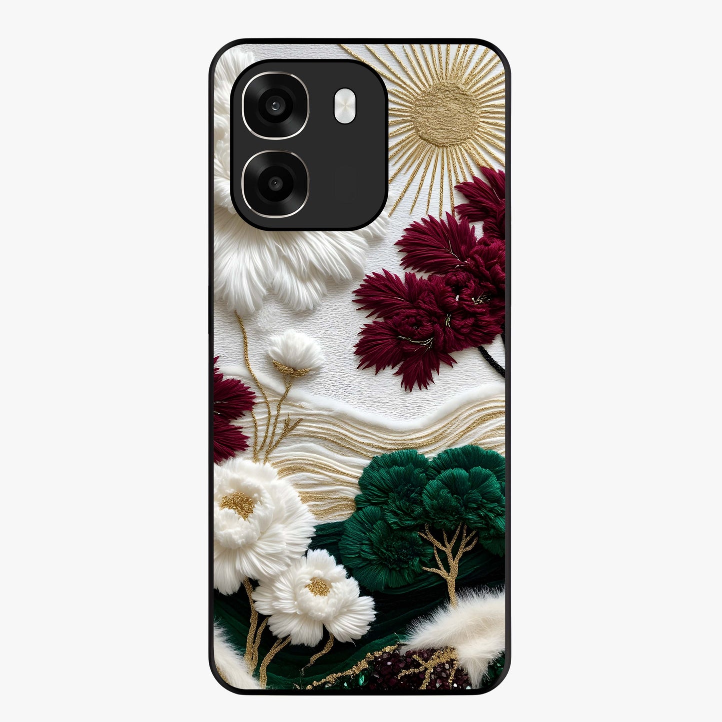 Radiant Bloom Elegance Glass Case showing flat back view with elegant blooming flower artwork and glossy glass finish.