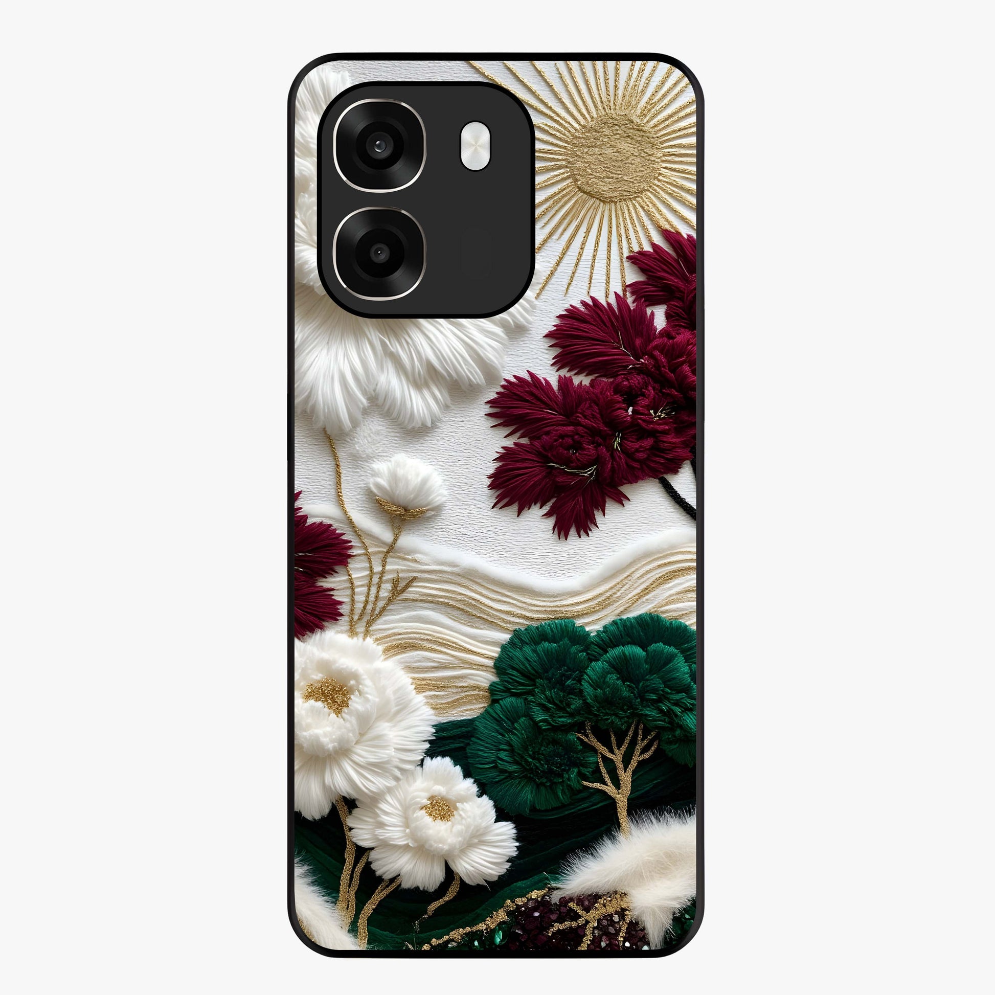 Radiant Bloom Elegance Glass Case showing flat back view with elegant blooming flower artwork and glossy glass finish.