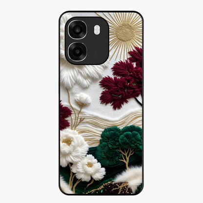 Radiant Bloom Elegance Glass Case showing flat back view with elegant blooming flower artwork and glossy glass finish.
