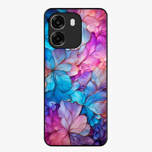 Radiant Floral Whirl Glass Case showing flat back view with swirling floral artwork and glossy glass finish.