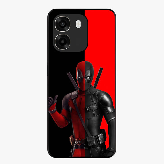 Red & Black Deadpool Theme Glass Case showing flat back view with bold comic inspired artwork and glossy glass finish.