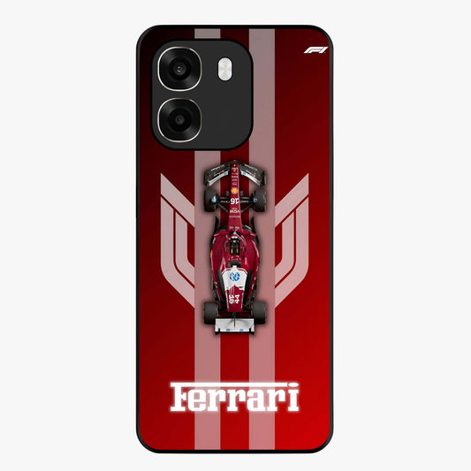 Red Ferrari F1 Vertical Glass Case showing flat back view with sleek Formula racing car artwork and glossy glass finish.