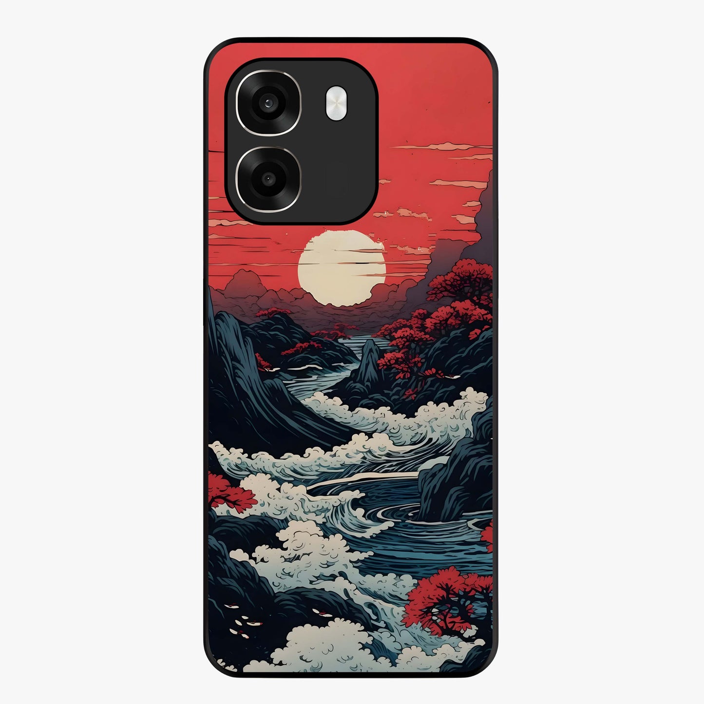 Red Sunset Scenery Glass Case showing flat back view with vibrant sunset landscape artwork and glossy glass finish.