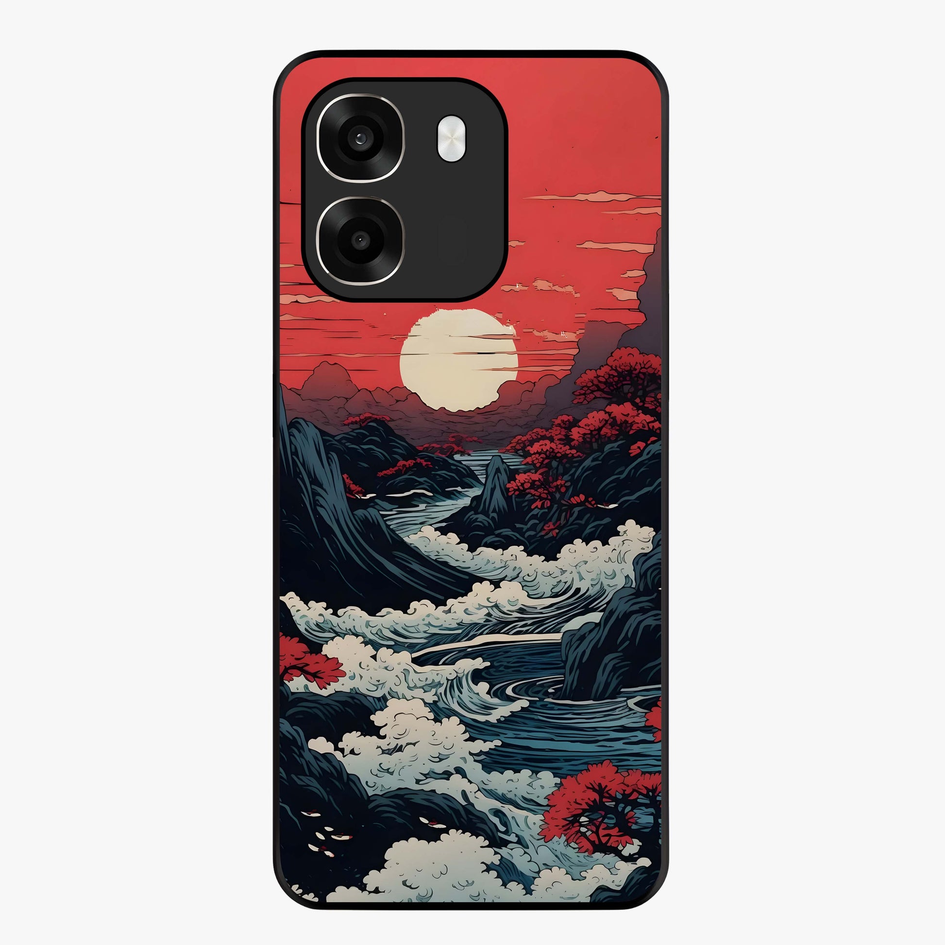 Red Sunset Scenery Glass Case showing flat back view with vibrant sunset landscape artwork and glossy glass finish.