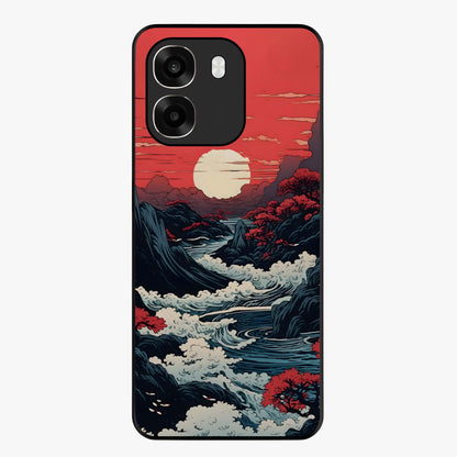 Red Sunset Scenery Glass Case showing flat back view with vibrant sunset landscape artwork and glossy glass finish.