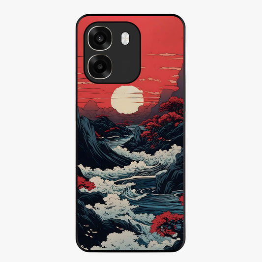 Red Sunset Scenery Glass Case showing flat back view with vibrant sunset landscape artwork and glossy glass finish.