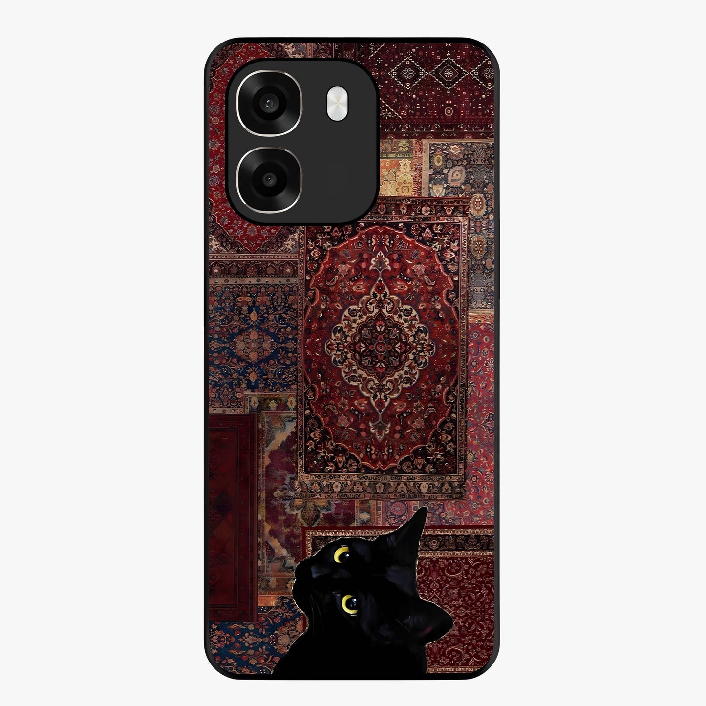 Regal Magic Cat Apple Glass Case showing flat back view with magical cat artwork holding apple and glossy glass finish.