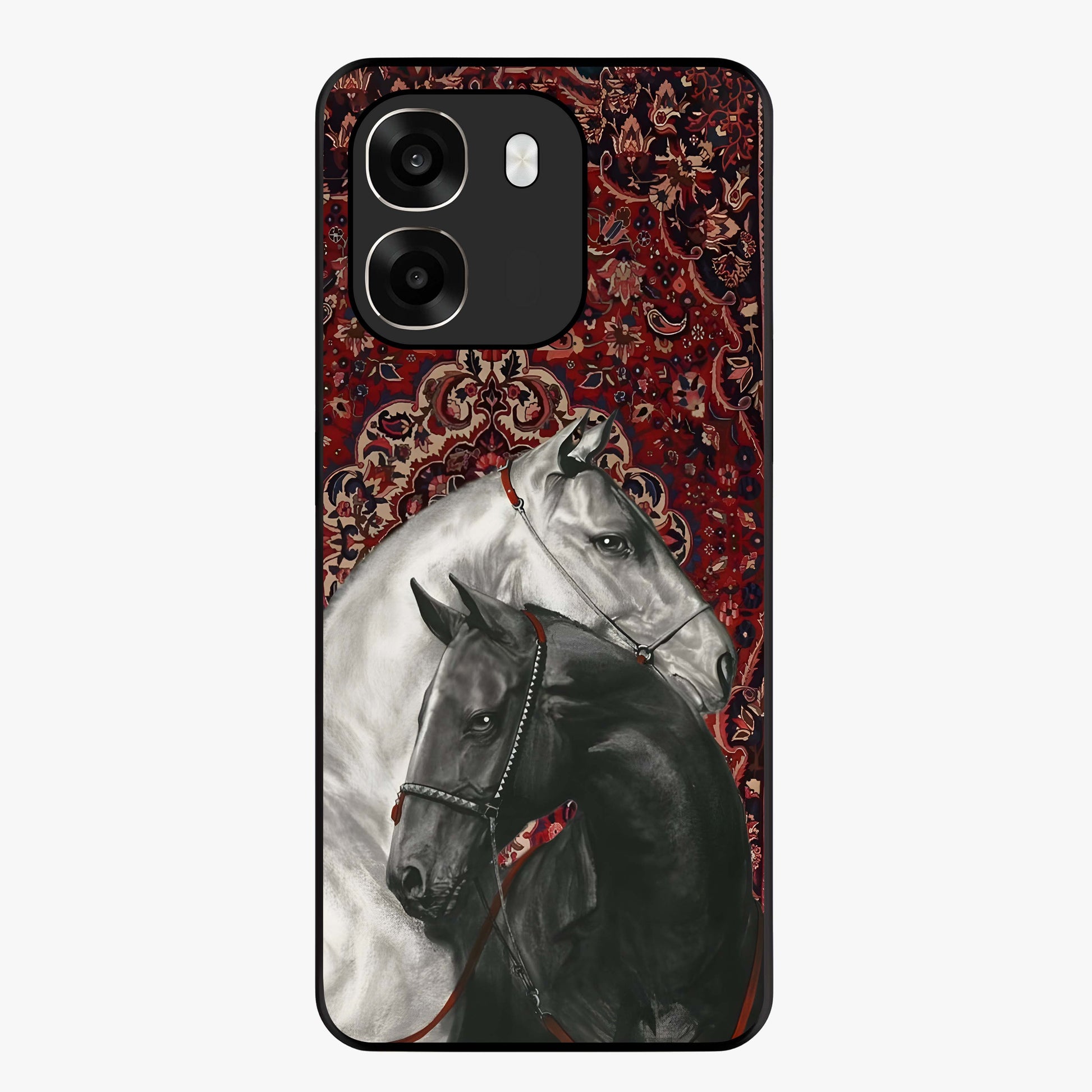 Regal Stallion Tapestry Glass Case showing flat back view with majestic horse tapestry artwork and glossy glass finish.