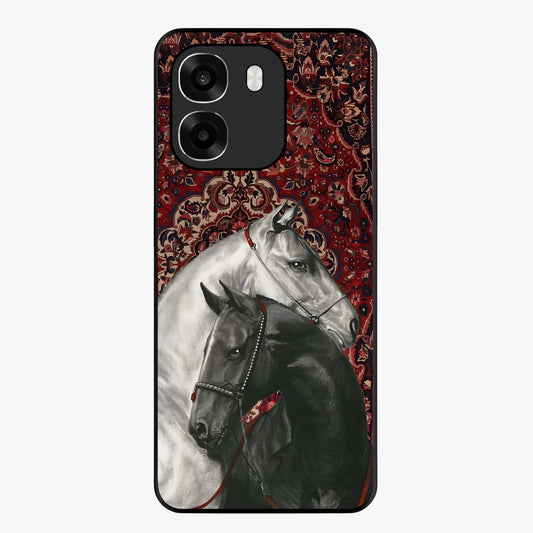 Regal Stallion Tapestry Glass Case showing flat back view with majestic horse tapestry artwork and glossy glass finish.