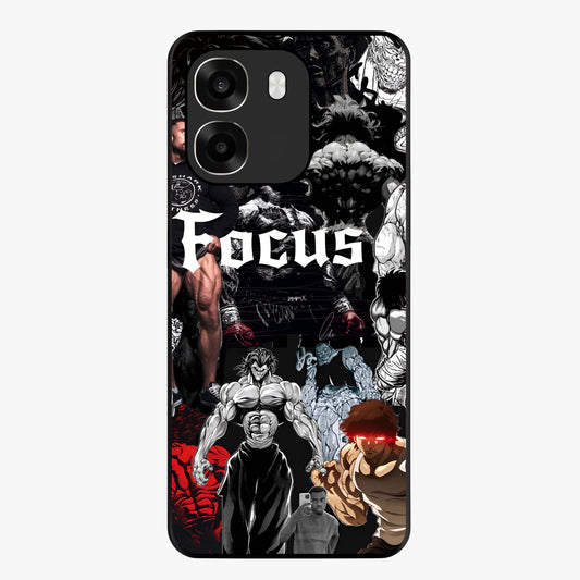 Relentless Power Focus Glass Case showing flat back view with motivational typography artwork and glossy glass finish.
